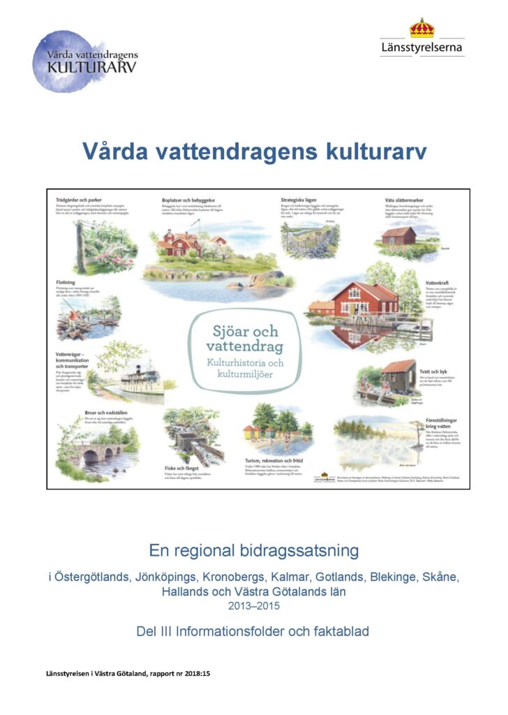 Bild på framsidan av rapporten "Vårda vattendragens kulturarv del 3" med flera små bilder på kulturmiljöer.