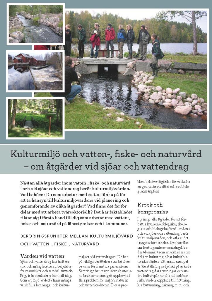 Bild på framsidan av faktabladet "Kulturmiljö och vatten-, fiske- och naturvård – om åtgärder vid sjöar och vattendrag". Fyra foton visar olika kulturmiljöer vid vatten.