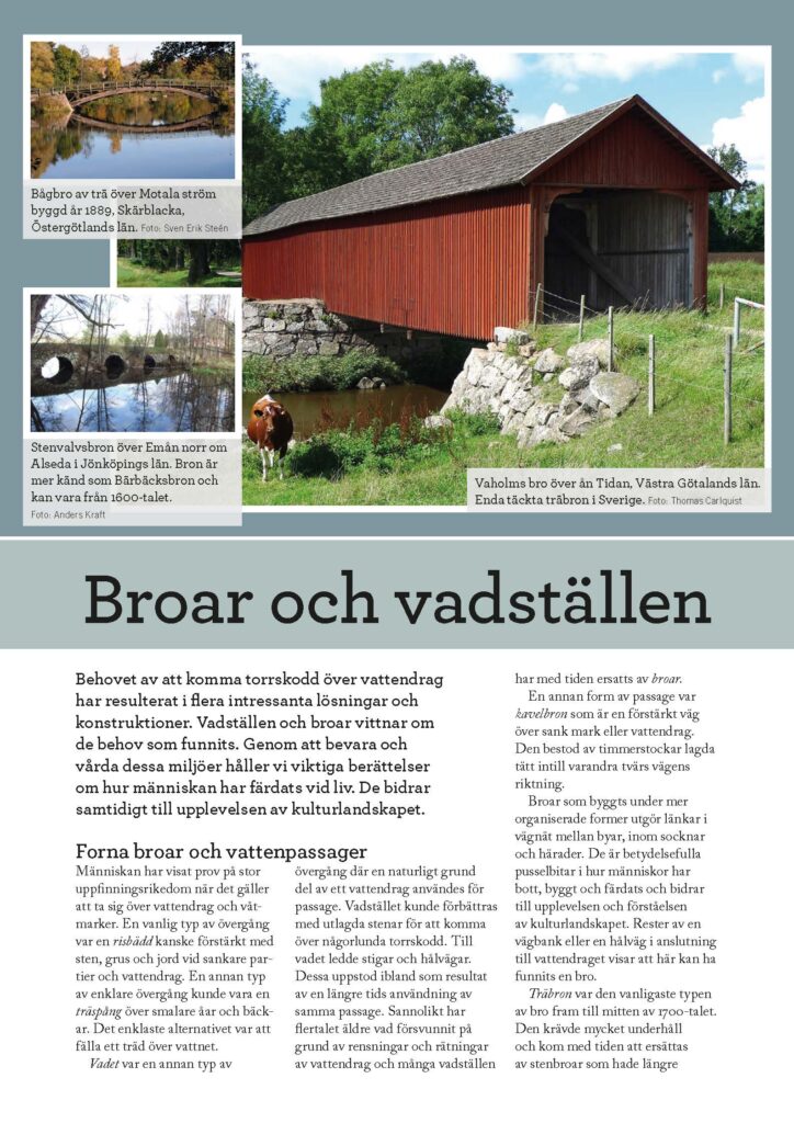 Bild på framsidan av faktabladet "Broar och vadställen". Tre foton visar olika brokonstruktioner.