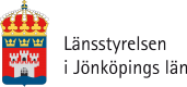Logotype Länsstyrelsen i Jönköpings län med tre liggande fält i blått, rött och blått med vit borg och tre gula kronor krönt av en krona