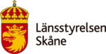 Logotype för Länsstyrelsen Skåne med ett rött färgfält med ett griphuvud i gult, krönte med en krona i röd och gul färg.
