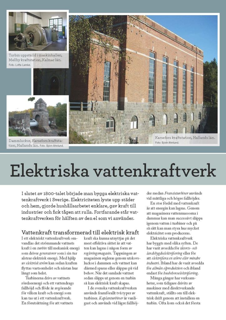 Bild på framsidan av faktabladet "Elektriska vattenkraftverk". Tre foton visar kraftstationer.