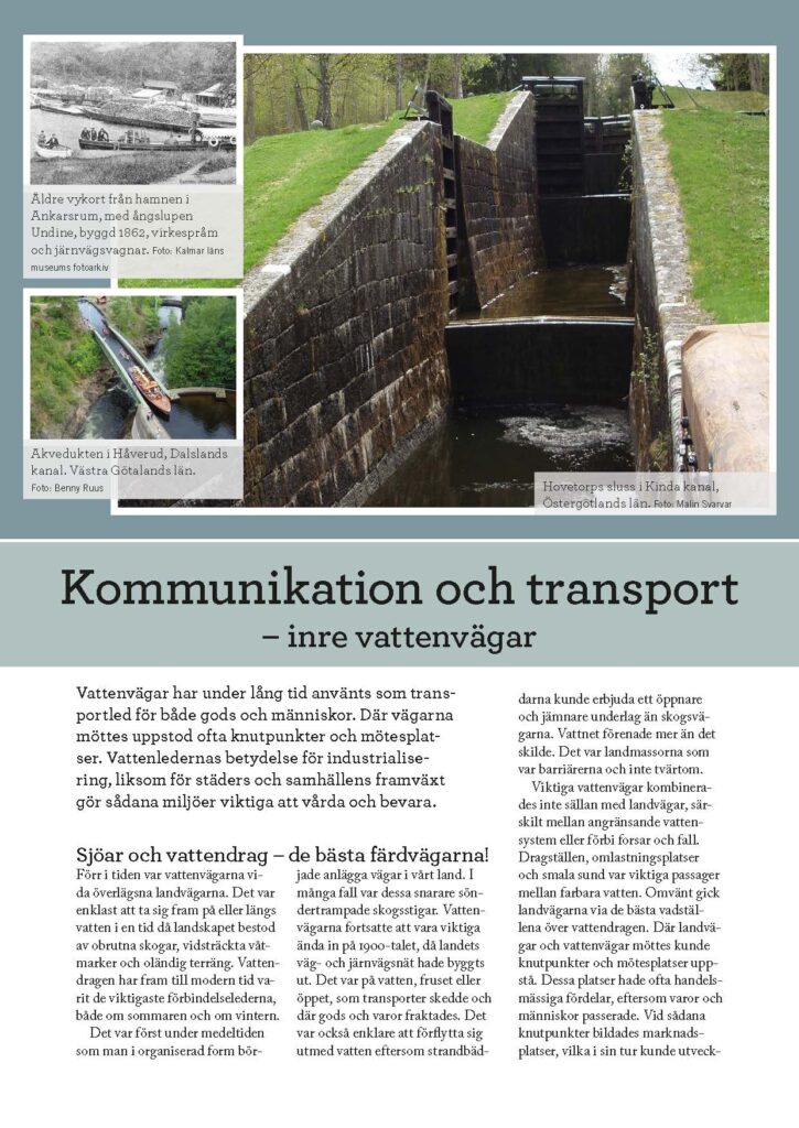 Bild på framsidan av faktabladet "Kommunikation och transport". Tre foton visar en sluss, akvedukt och hamn.