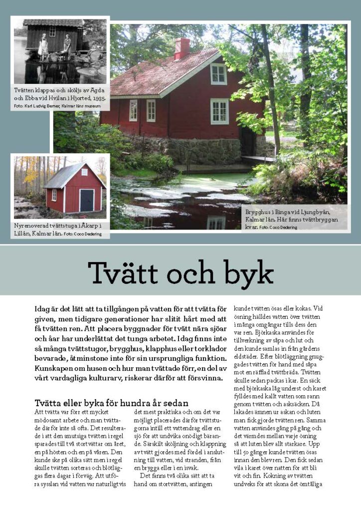 Bild på framsidan av faktabladet "Tvätt och byk". Tre foton visar tvätt- och brygghus.