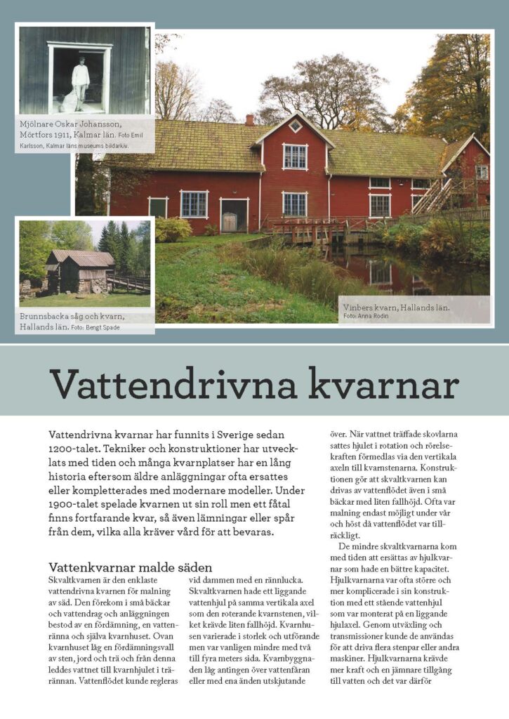 Bild på framsidan av faktabladet "Vattendrivna kvarnar". Tre foton visar olika kvarnar.