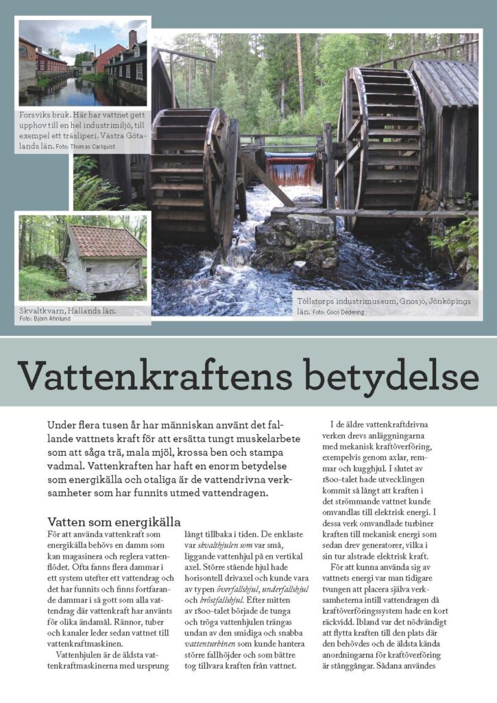 Bild på framsidan av faktabladet "Vattenkraftens betydelse". Tre foton visar industrimiljöer.