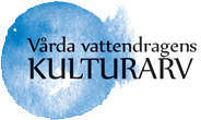 Logotyp för projektet "Vårda vattendragens kulturarv" med en blå cirkel som sprids ut i övre höger hörn.